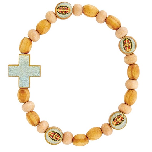 Wooden Bead Saint Benedict Bracelet with Cross and Oval Accents unisex nip - Picture 1 of 6